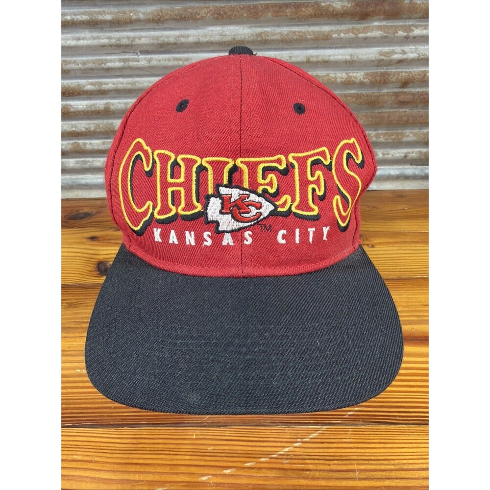 Vtg Kansas City Chiefs Block Letter Snapback Hat Wool Blend NFL Red Black